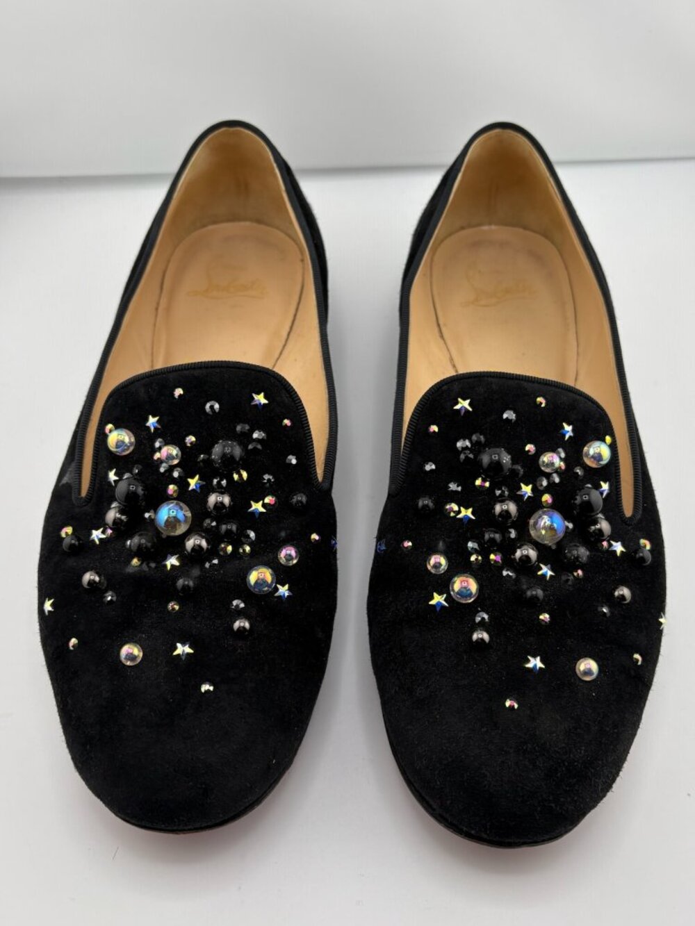 #S125 Christian Louboutin Embellished Leather Loafers Black, EU 39.5
